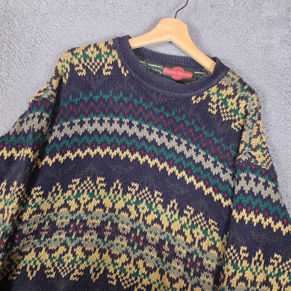 Stone Haven Sweater Mens XL Blue Fair Isle Good Ramie Cotton Chunky Knit Vintage